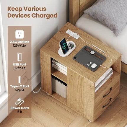 End Table with Built-in Charging Station Sofa Side Bedside Table on Wheels-Natural - Natural - End & Side Tables