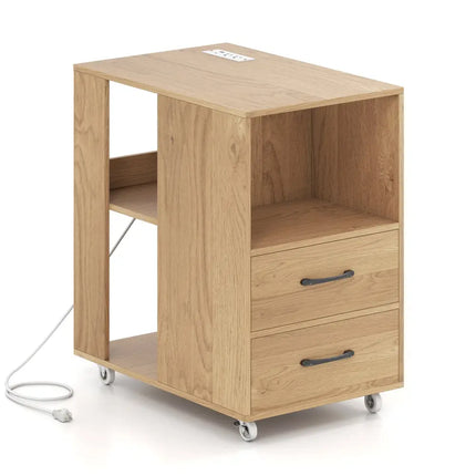 End Table with Built-in Charging Station Sofa Side Bedside Table on Wheels-Natural - Natural - End & Side Tables