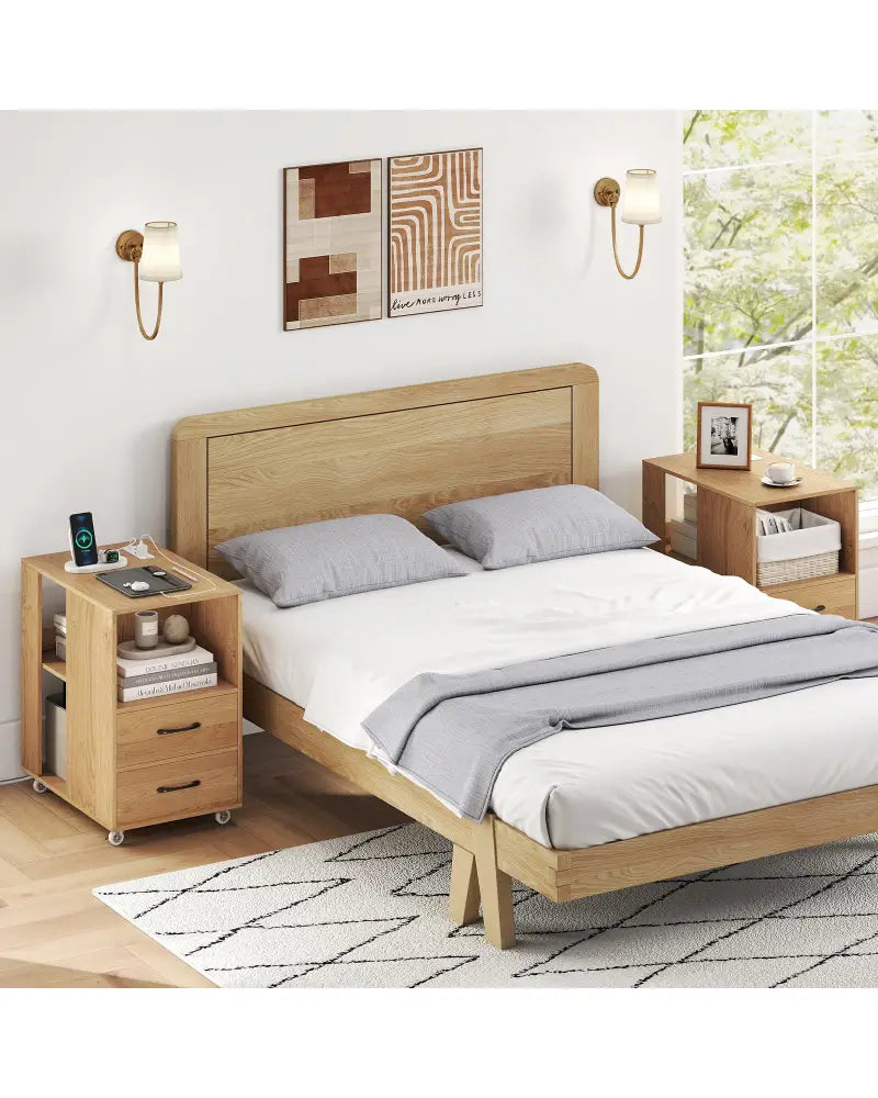 End Table with Built-in Charging Station Sofa Side Bedside Table on Wheels-Natural - Natural - End & Side Tables