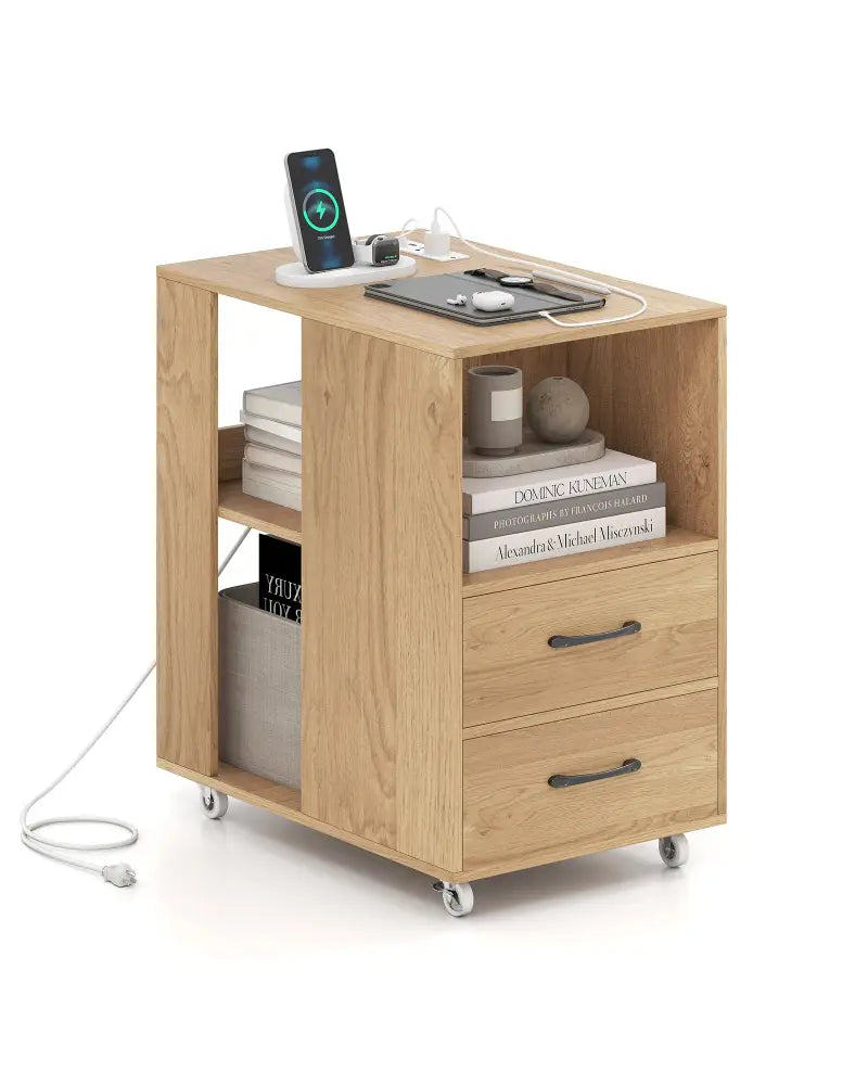 End Table with Built-in Charging Station Sofa Side Bedside Table on Wheels-Natural - Natural - End & Side Tables