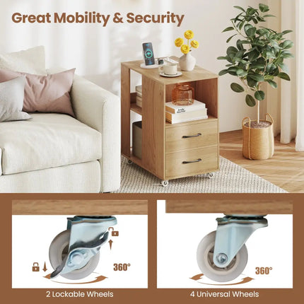 End Table with Built-in Charging Station Sofa Side Bedside Table on Wheels-Natural - Natural - End & Side Tables