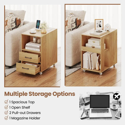 End Table with Built-in Charging Station Sofa Side Bedside Table on Wheels-Natural - Natural - End & Side Tables