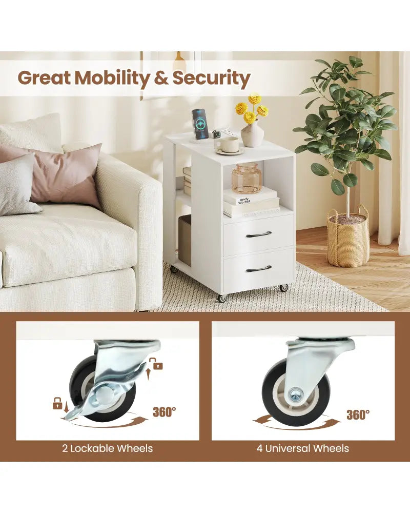 End Table with Built-in Charging Station Sofa Side Bedside Table on Wheels-White - White - End & Side Tables