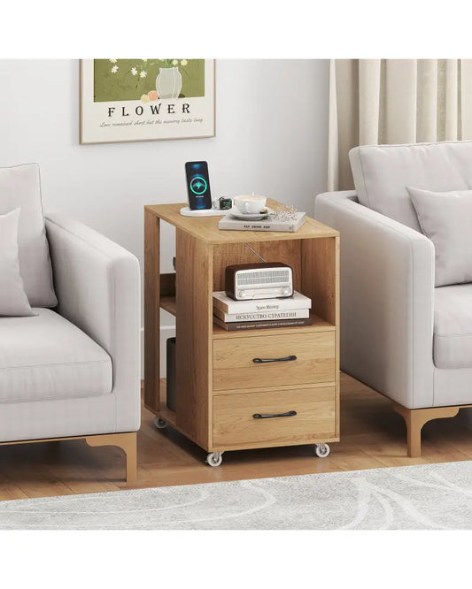 End Table with Built-in Charging Station Sofa Side Bedside Table on Wheels-Natural - Natural - End & Side Tables