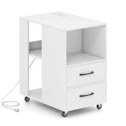 End Table with Built-in Charging Station Sofa Side Bedside Table on Wheels-White - White - End & Side Tables