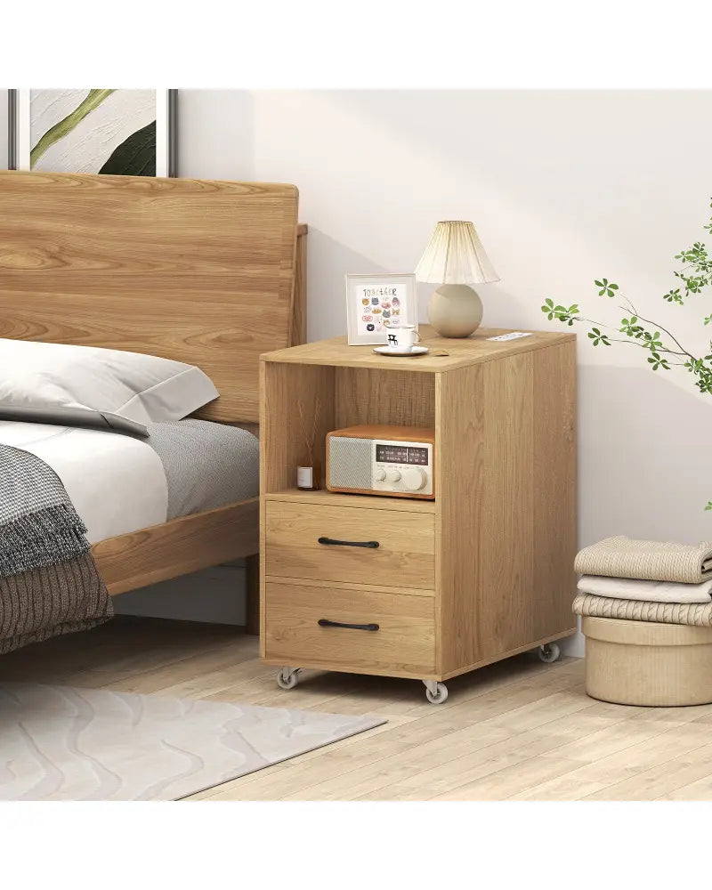 End Table with Built-in Charging Station Sofa Side Bedside Table on Wheels-Natural - Natural - End & Side Tables