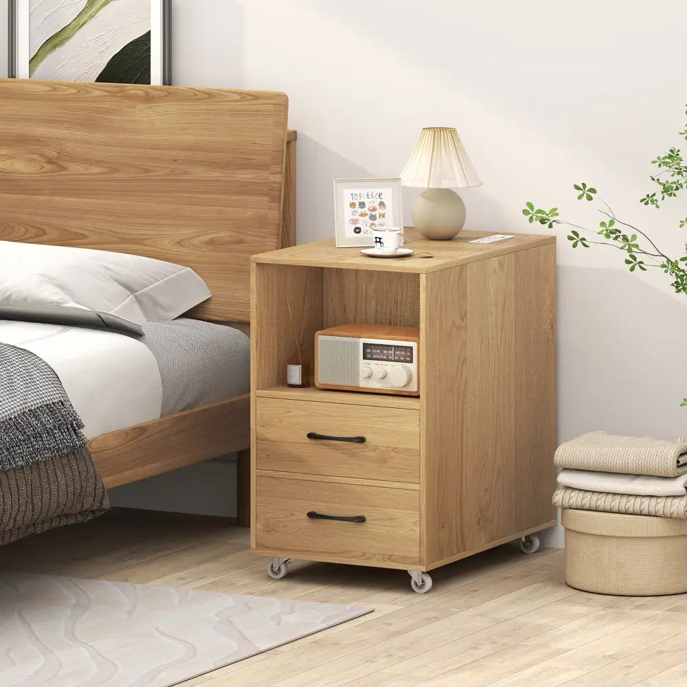 End Table with Built-in Charging Station Sofa Side Bedside Table on Wheels-Natural - Natural - End & Side Tables