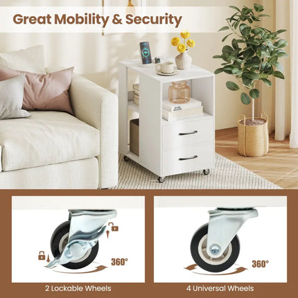 End Table with Built-in Charging Station Sofa Side Bedside Table on Wheels-White - White - End & Side Tables