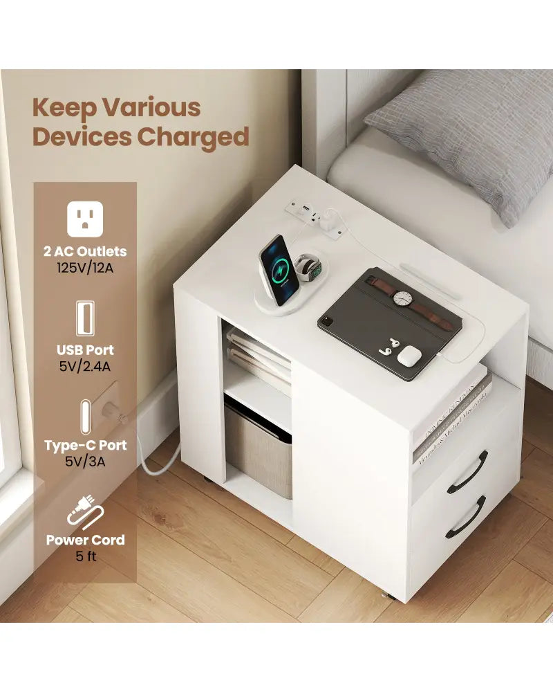 End Table with Built-in Charging Station Sofa Side Bedside Table on Wheels-White - White - End & Side Tables