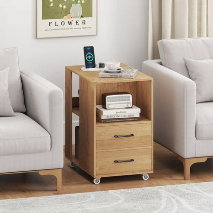 End Table with Built-in Charging Station Sofa Side Bedside Table on Wheels-Natural - Natural - End & Side Tables