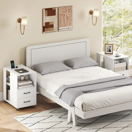 End Table with Built-in Charging Station Sofa Side Bedside Table on Wheels-White - White - End & Side Tables