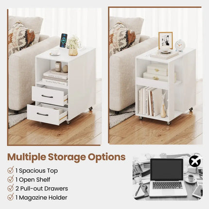 End Table with Built-in Charging Station Sofa Side Bedside Table on Wheels-White - White - End & Side Tables
