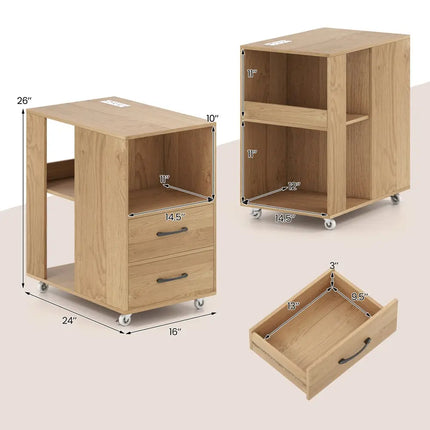 End Table with Built-in Charging Station Sofa Side Bedside Table on Wheels-Natural - Natural - End & Side Tables