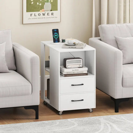 End Table with Built-in Charging Station Sofa Side Bedside Table on Wheels-White - White - End & Side Tables