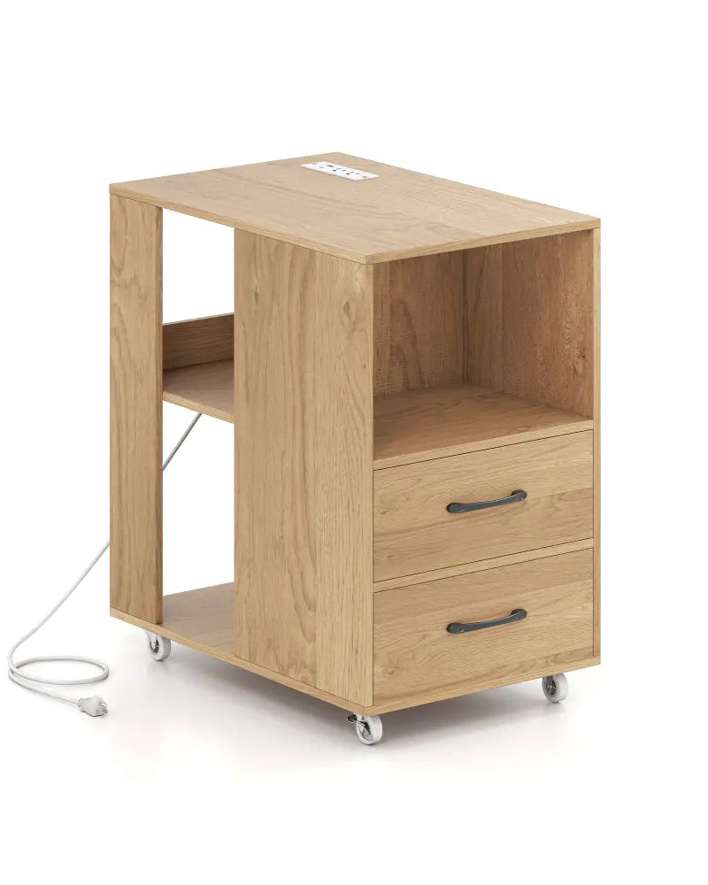 End Table with Built-in Charging Station Sofa Side Bedside Table on Wheels-Natural - Natural - End & Side Tables