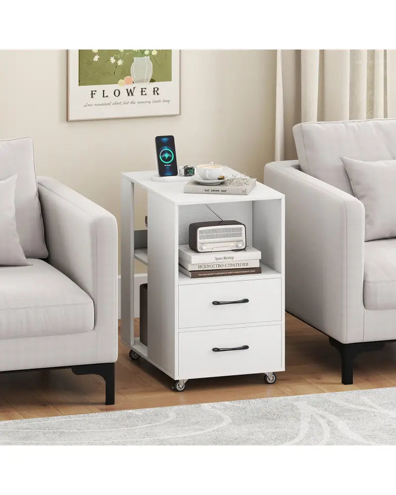 End Table with Built-in Charging Station Sofa Side Bedside Table on Wheels-White - White - End & Side Tables
