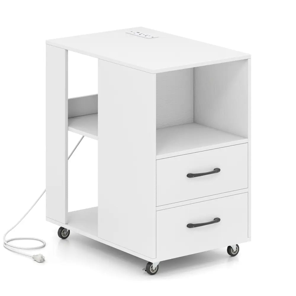 End Table with Built-in Charging Station Sofa Side Bedside Table on Wheels-White - White - End & Side Tables