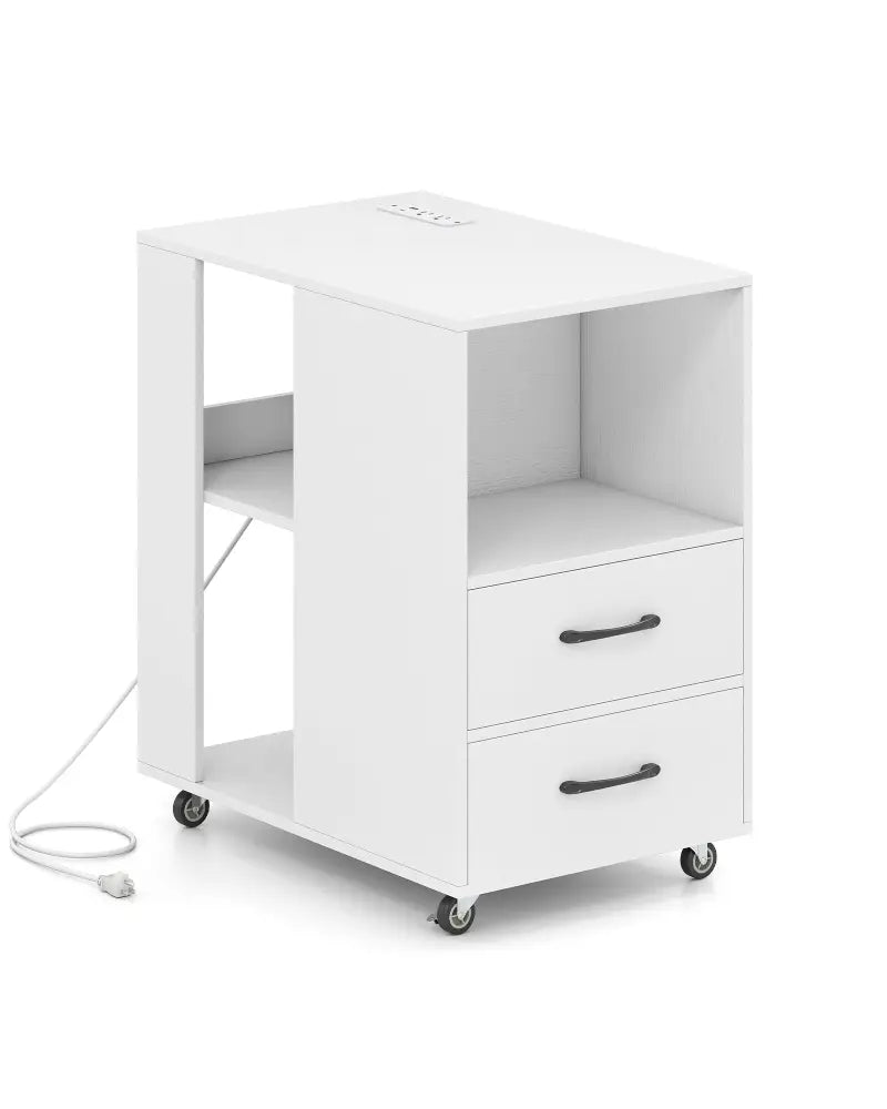 End Table with Built-in Charging Station Sofa Side Bedside Table on Wheels-White - White - End & Side Tables
