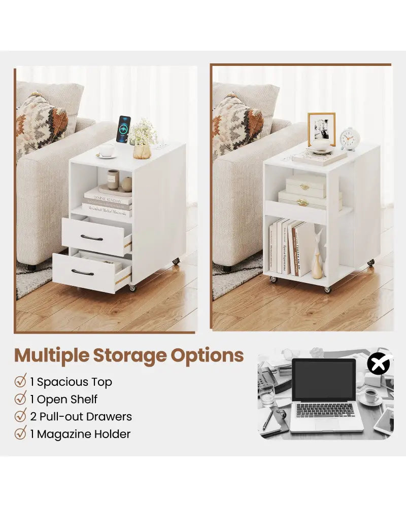 End Table with Built-in Charging Station Sofa Side Bedside Table on Wheels-White - White - End & Side Tables