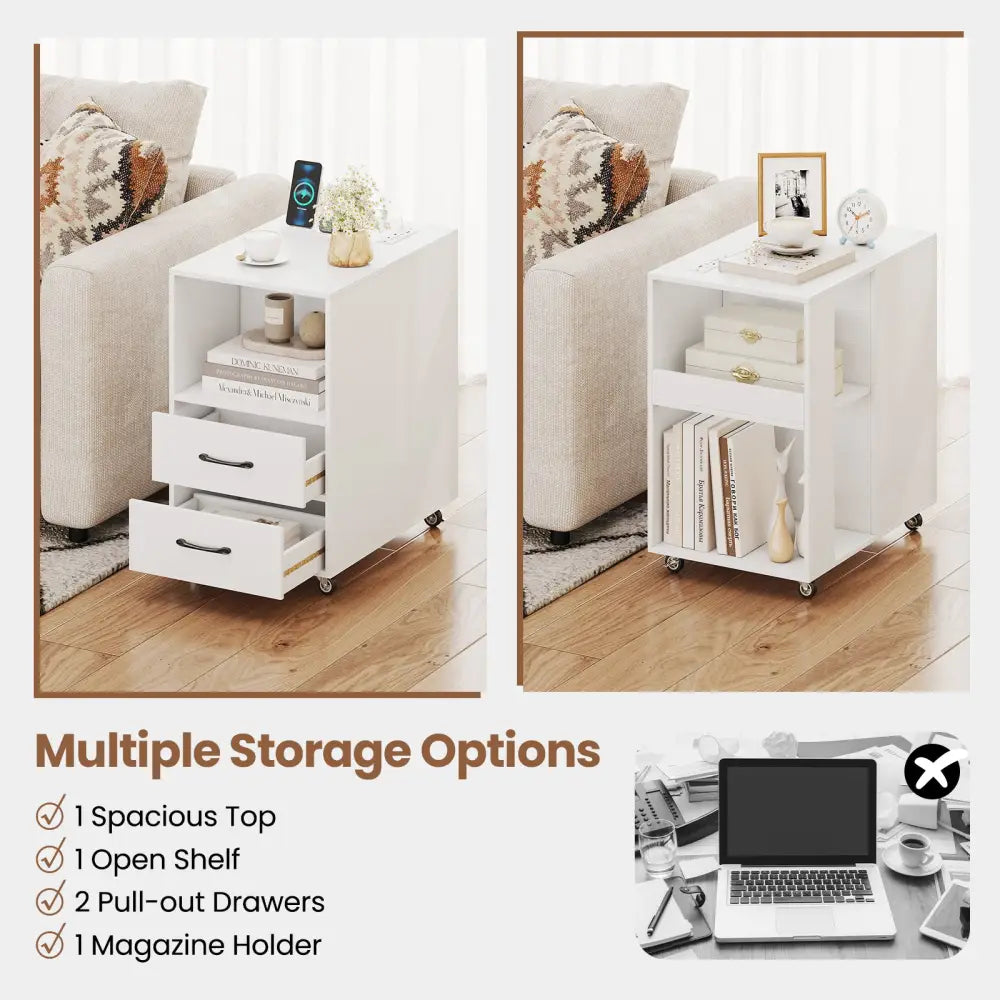 End Table with Built-in Charging Station Sofa Side Bedside Table on Wheels-White - White - End & Side Tables