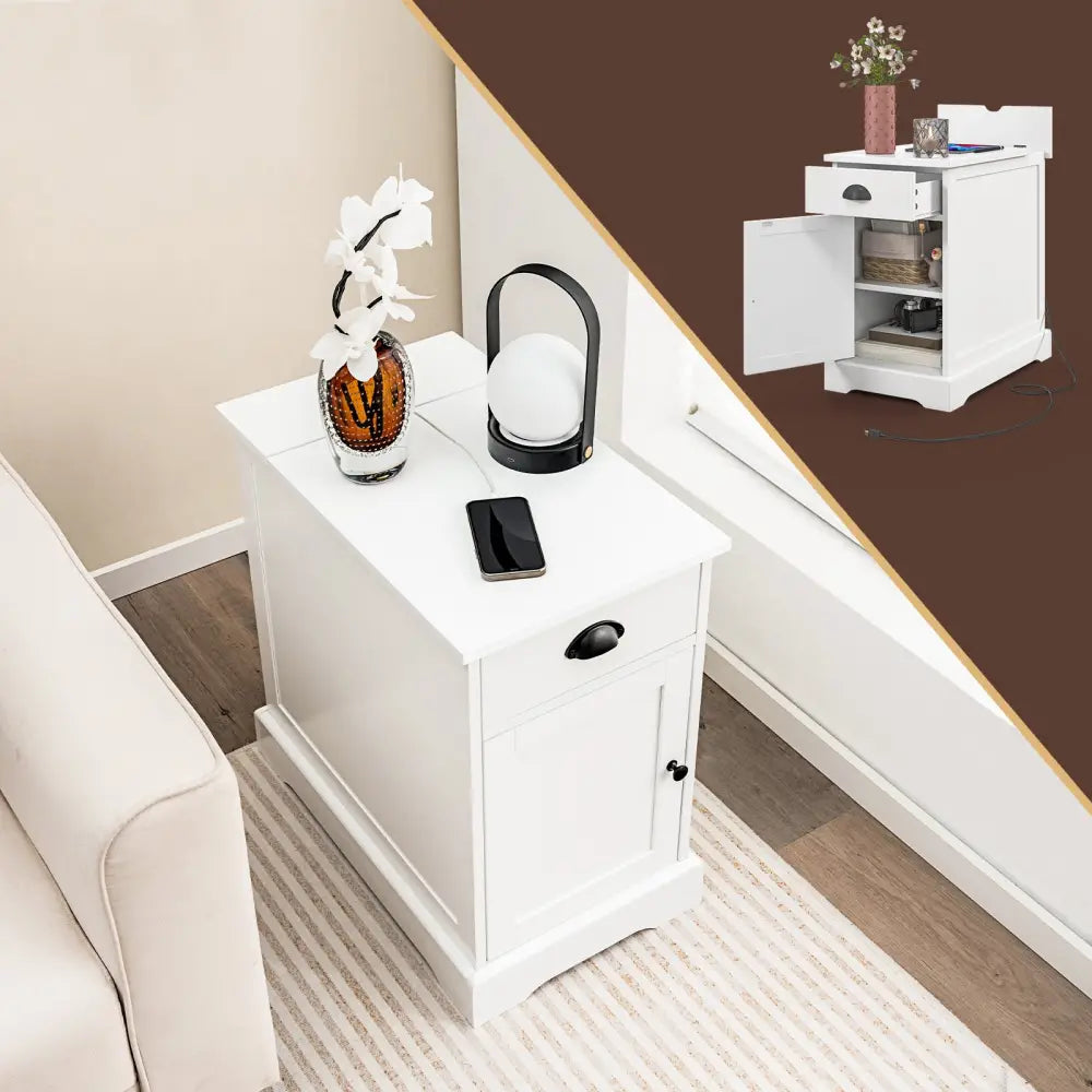 End Table with Charging Station and Flip Top-White - White - End & Side Tables