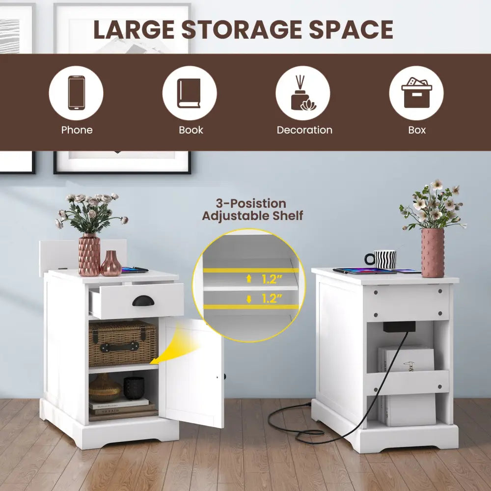 End Table with Charging Station and Flip Top-White - White - End & Side Tables