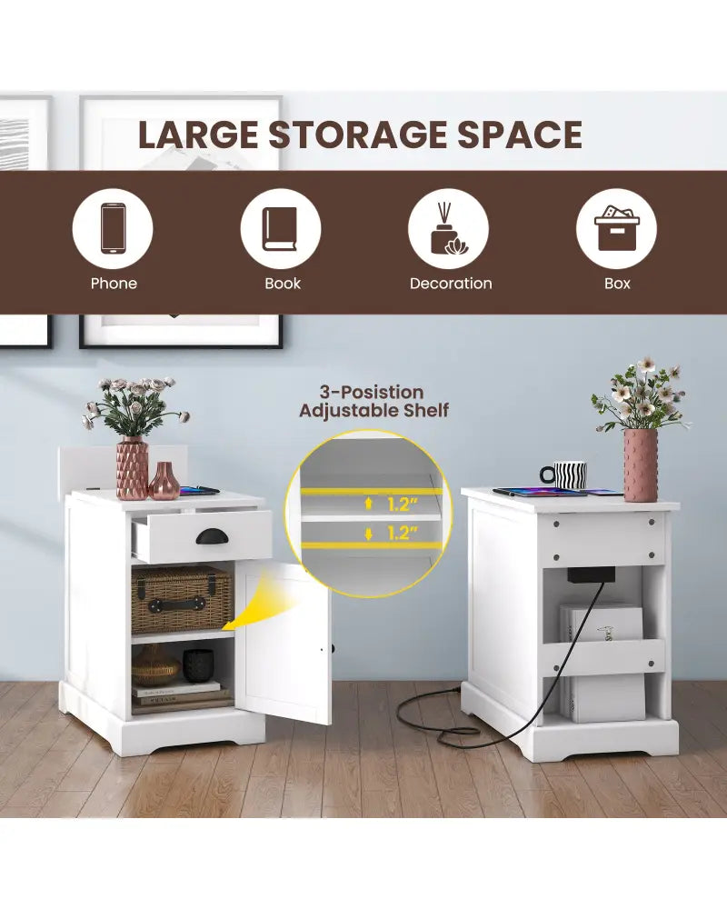 End Table with Charging Station and Flip Top-White - White - End & Side Tables