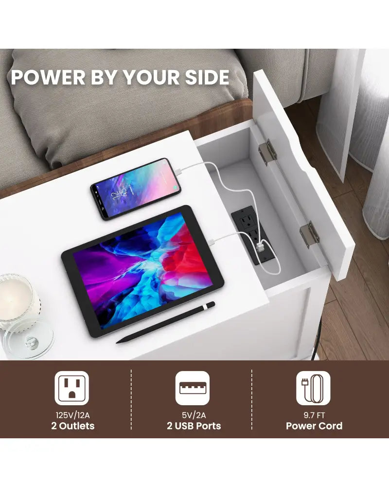 End Table with Charging Station and Flip Top-White - White - End & Side Tables