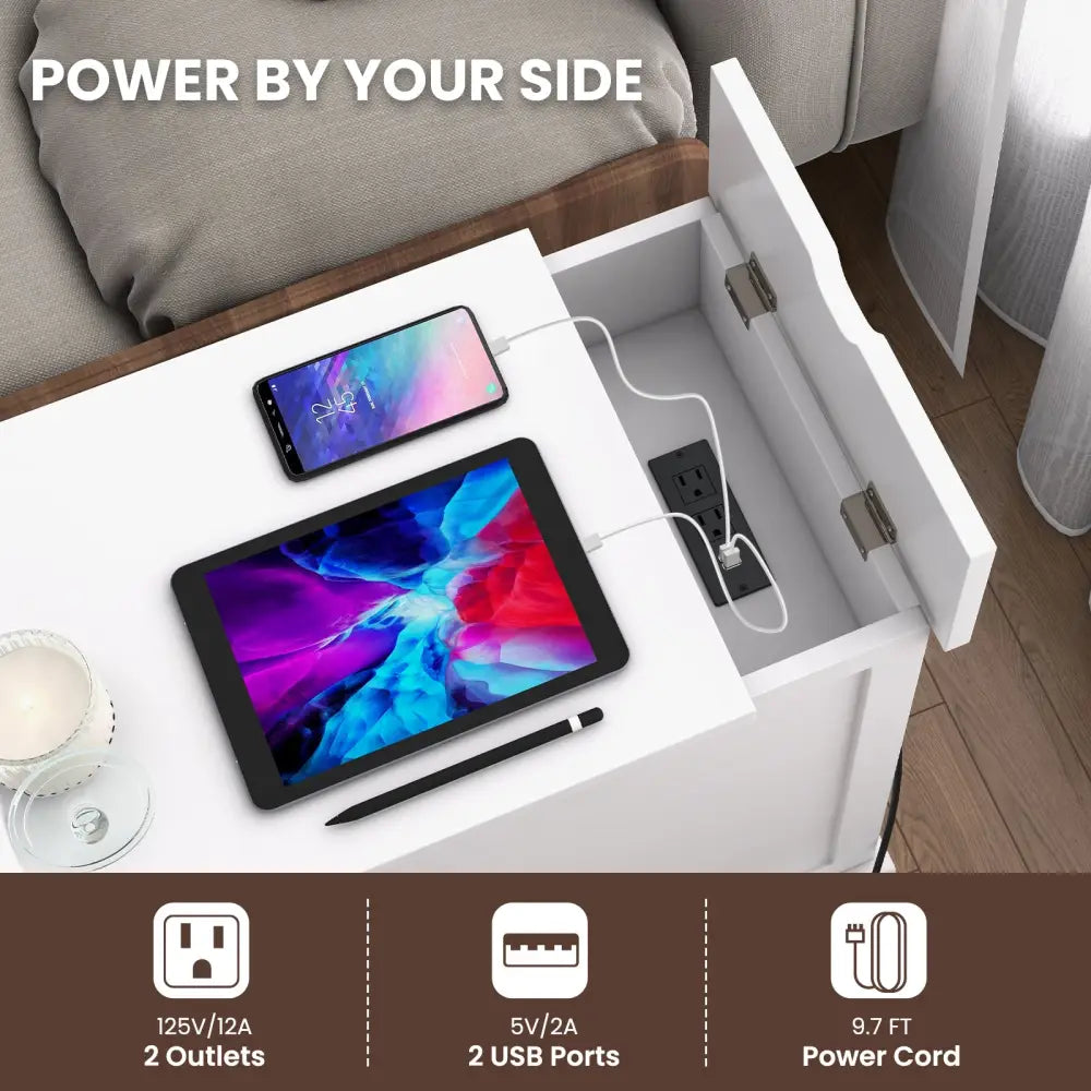 End Table with Charging Station and Flip Top-White - White - End & Side Tables