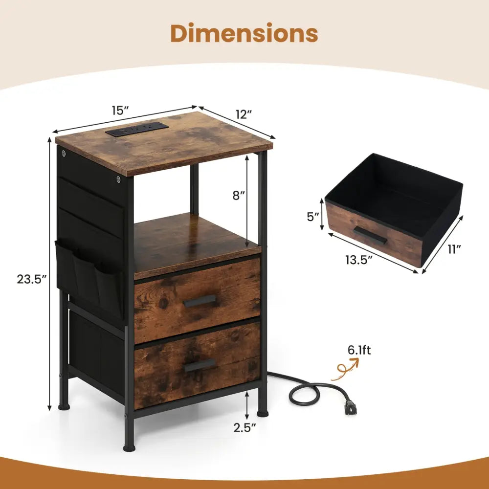 End Table with Charging Station Set of 1 Nightstand with 2 Folding Fabric Drawers - Nightstands