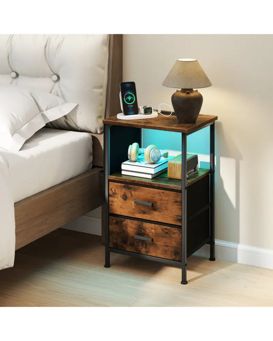 End Table with Charging Station Set of 1 Nightstand with 2 Folding Fabric Drawers - Nightstands