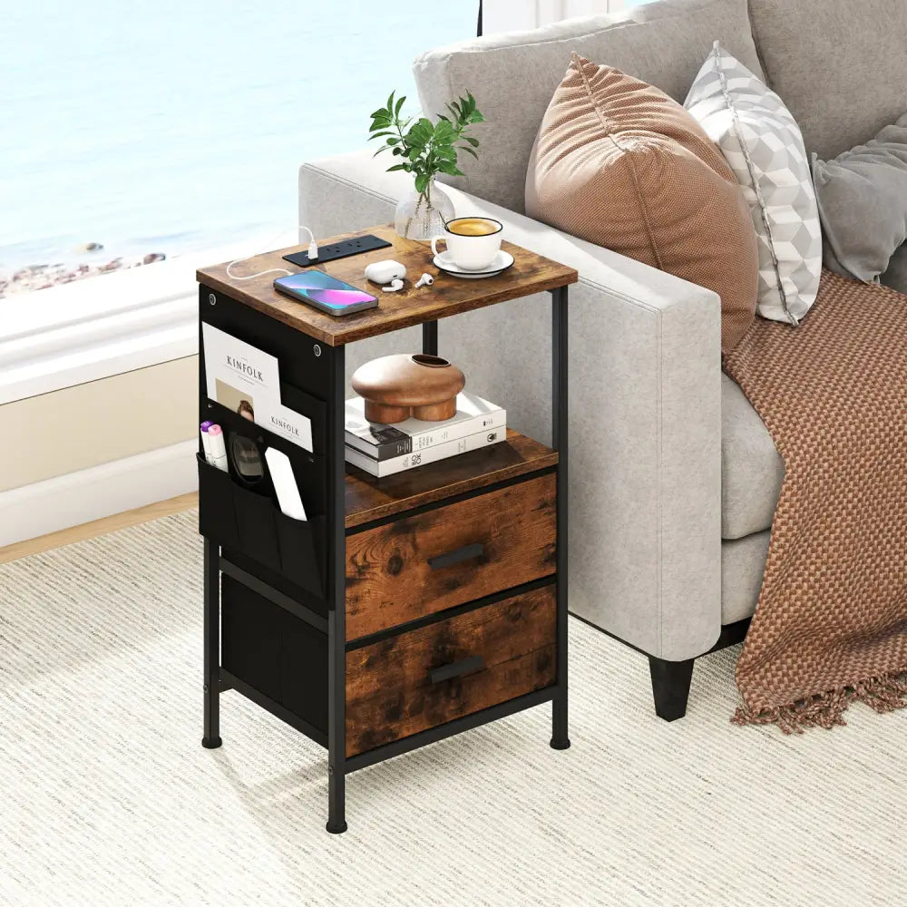 End Table with Charging Station Set of 1 Nightstand with 2 Folding Fabric Drawers - Nightstands