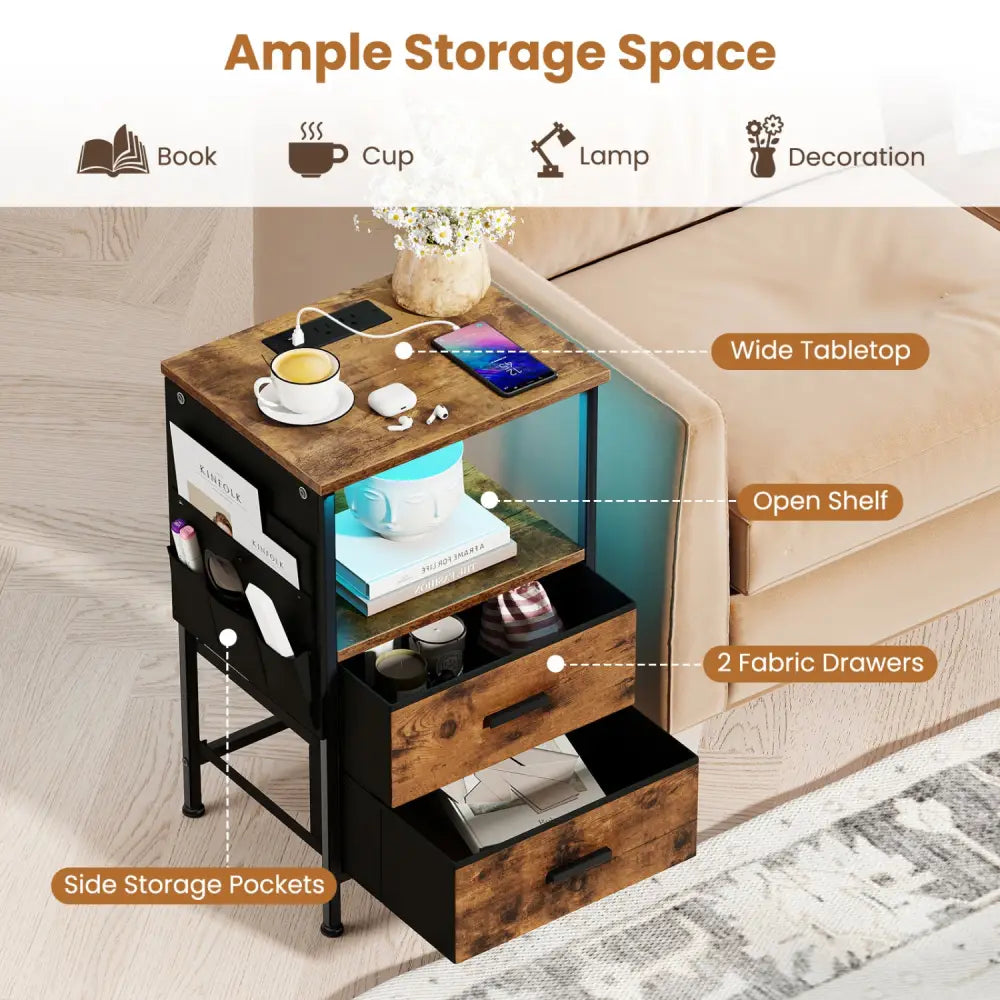 End Table with Charging Station Set of 1 Nightstand with 2 Folding Fabric Drawers - Nightstands