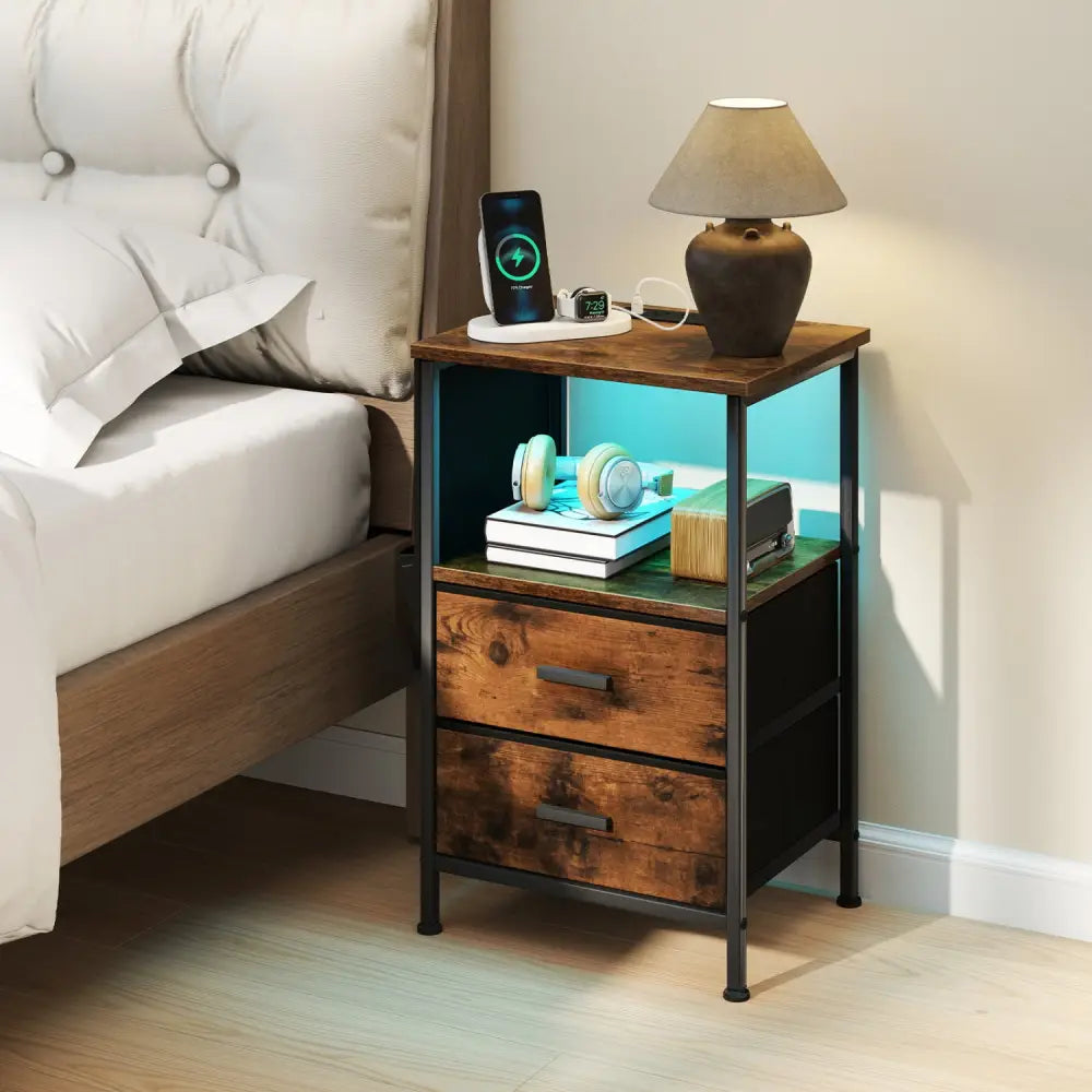 End Table with Charging Station Set of 1 Nightstand with 2 Folding Fabric Drawers - Nightstands