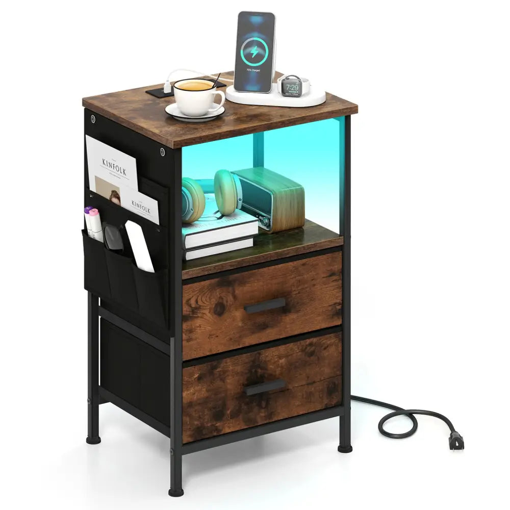 End Table with Charging Station Set of 1 Nightstand with 2 Folding Fabric Drawers - Nightstands