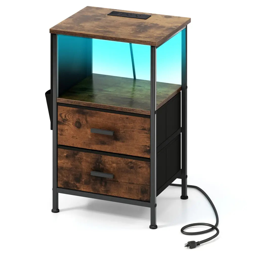 End Table with Charging Station Set of 1 Nightstand with 2 Folding Fabric Drawers - Nightstands