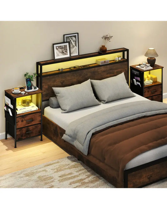 End Table with Charging Station Set of 2 Nightstand with 2 Folding Fabric Drawers - Nightstands