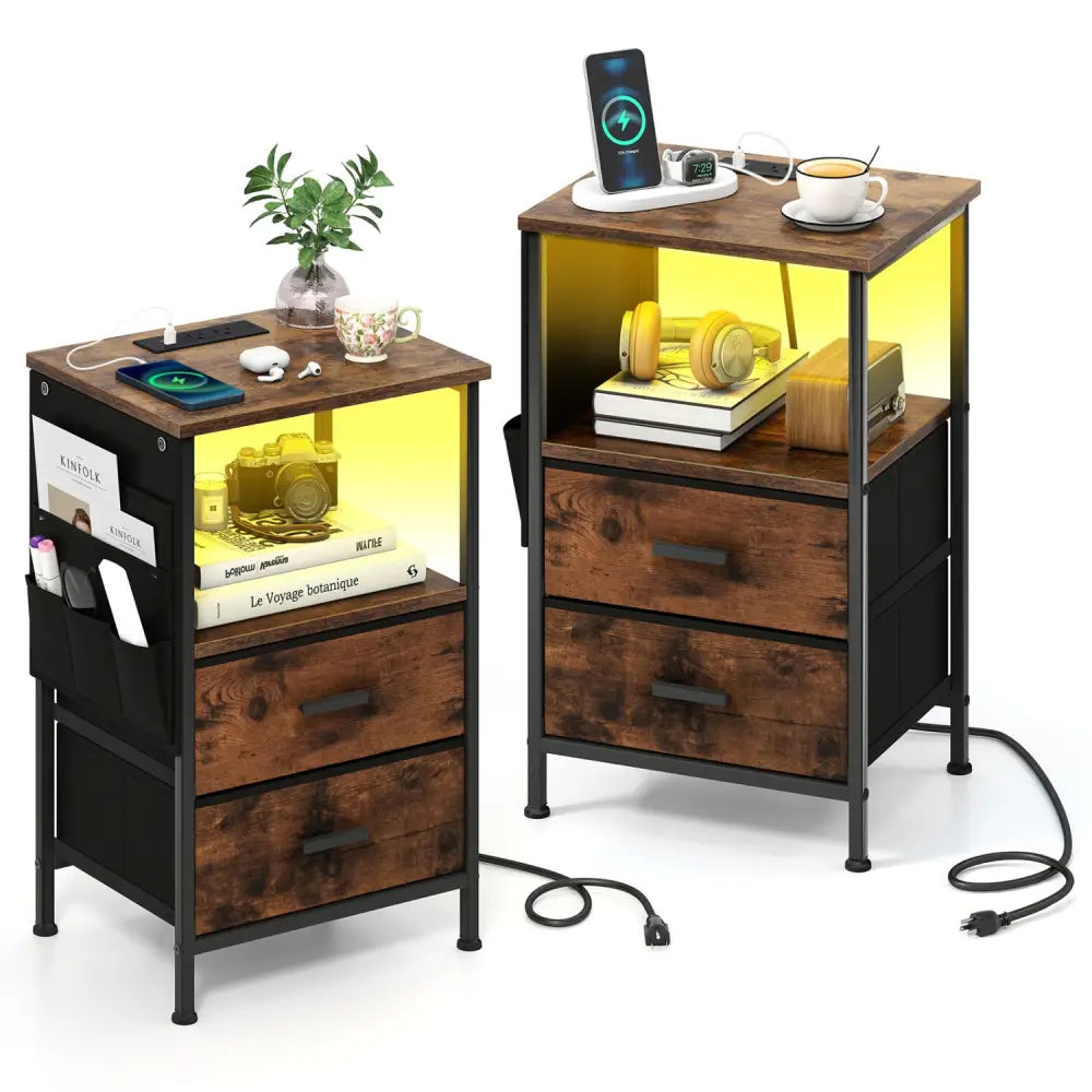 End Table with Charging Station Set of 2 Nightstand with 2 Folding Fabric Drawers - Nightstands