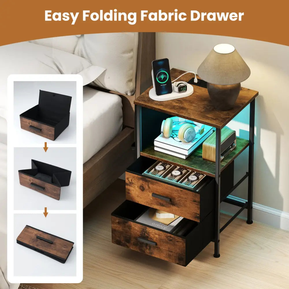 End Table with Charging Station Set of 2 Nightstand with 2 Folding Fabric Drawers - Nightstands