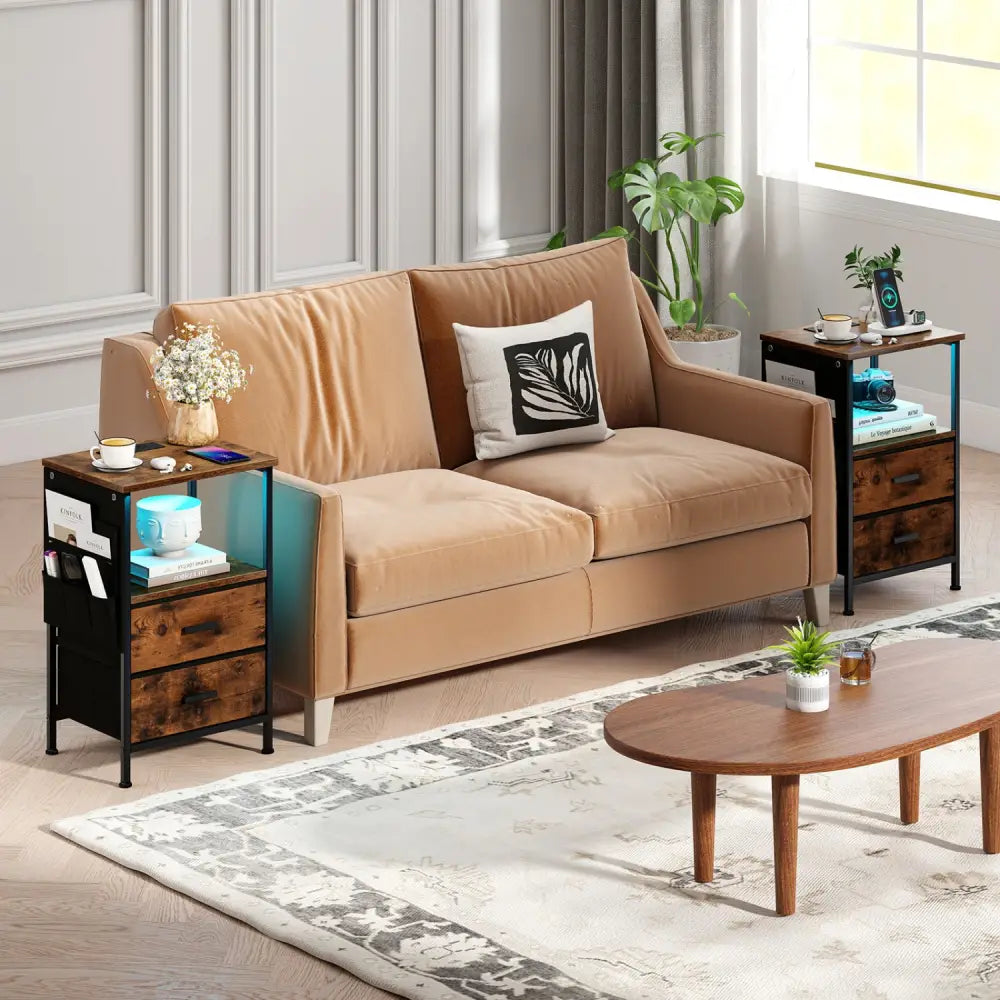 End Table with Charging Station Set of 2 Nightstand with 2 Folding Fabric Drawers - Nightstands
