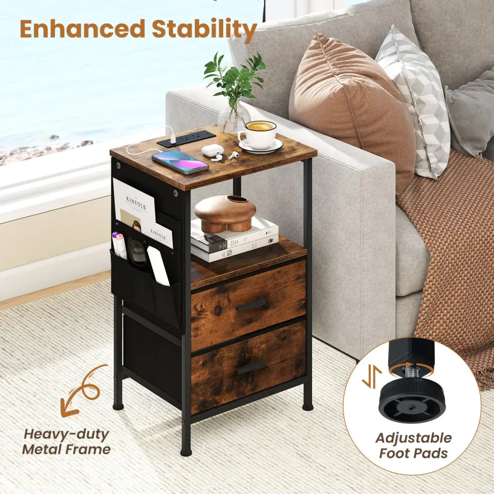 End Table with Charging Station Set of 2 Nightstand with 2 Folding Fabric Drawers - Nightstands