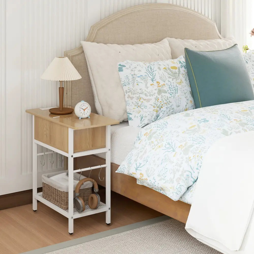 End Table with Charging Station USB Ports Outlets and Flip Top-Natural - Natural - End & Side Tables