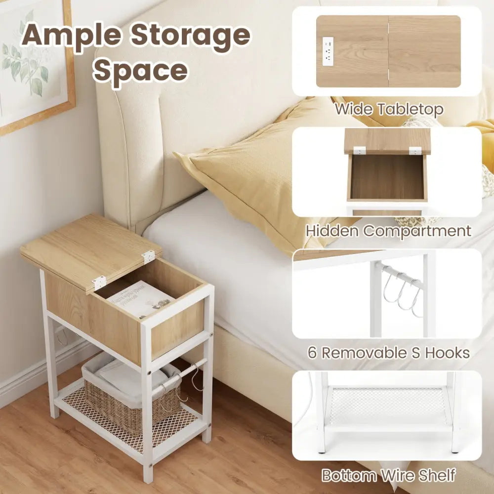 End Table with Charging Station USB Ports Outlets and Flip Top-Natural - Natural - End & Side Tables