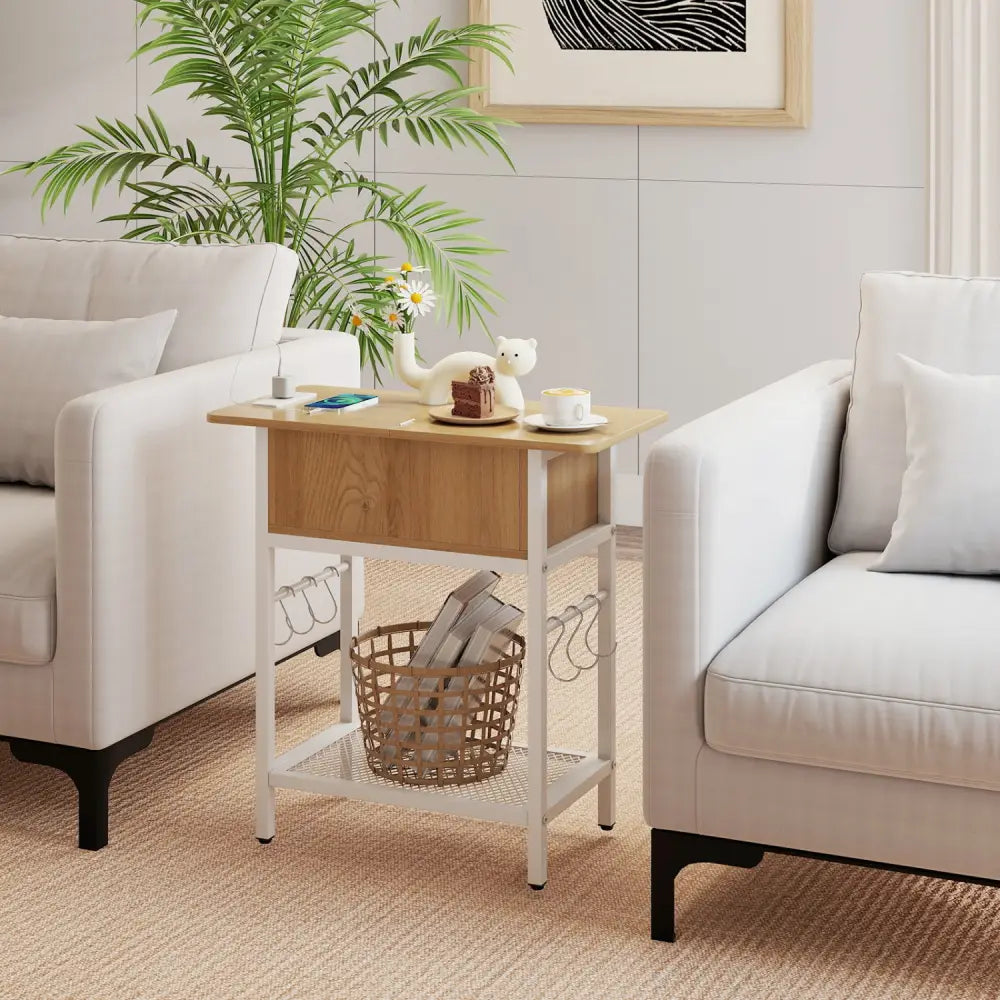 End Table with Charging Station USB Ports Outlets and Flip Top-Natural - Natural - End & Side Tables