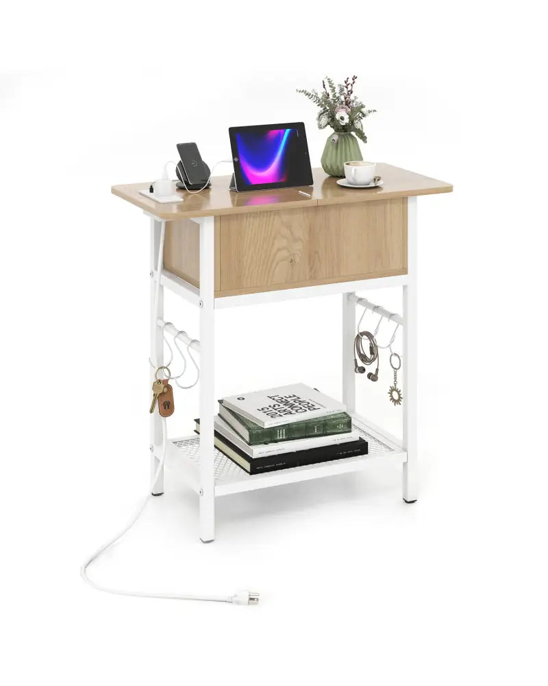End Table with Charging Station USB Ports Outlets and Flip Top-Natural - Natural - End & Side Tables