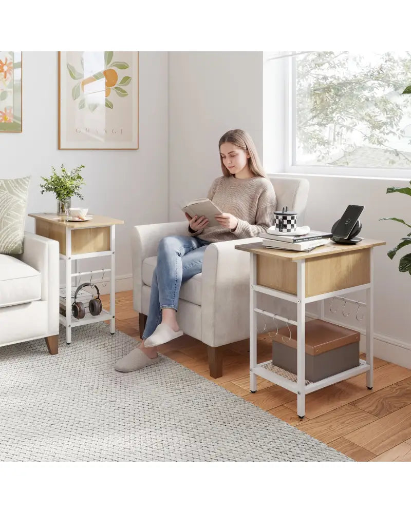 End Table with Charging Station USB Ports Outlets and Flip Top-Natural - Natural - End & Side Tables