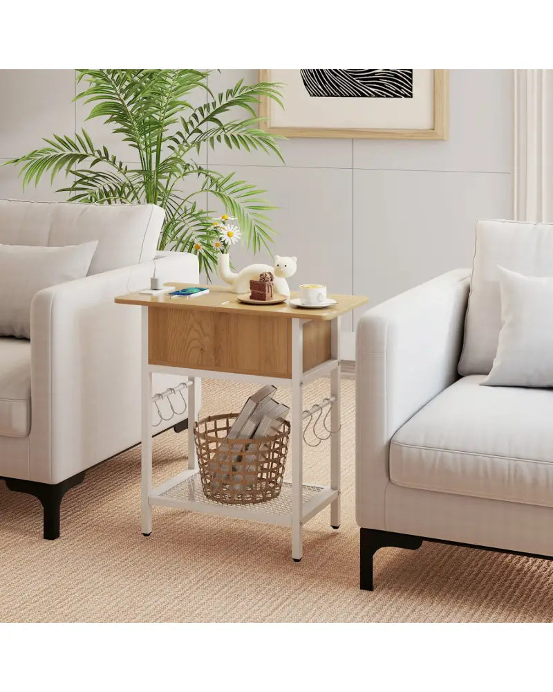 End Table with Charging Station USB Ports Outlets and Flip Top-Natural - Natural - End & Side Tables