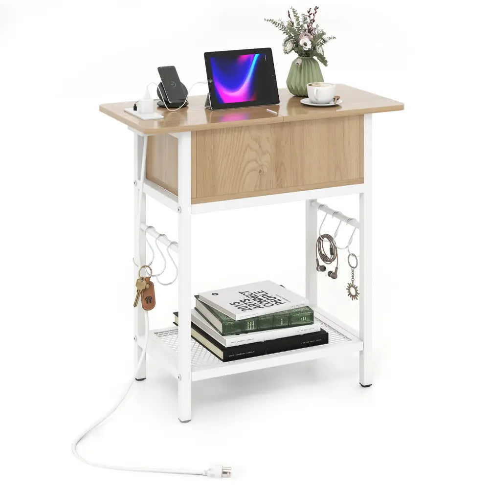 End Table with Charging Station USB Ports Outlets and Flip Top-Natural - Natural - End & Side Tables