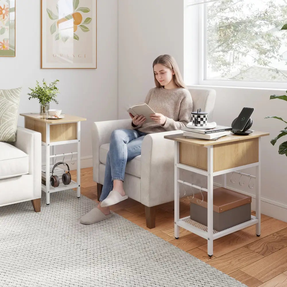 End Table with Charging Station USB Ports Outlets and Flip Top-Natural - Natural - End & Side Tables