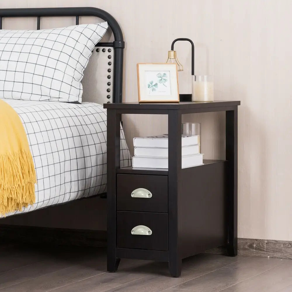End Table Wooden with 2 Drawers and Shelf Bedside Table-Dark Brown - Dark Brown - Nightstands